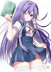 Rule 34 | 1girl, 2019, ;), arm at side, blue skirt, book, clannad, closed mouth, commentary, dated, from below, fujibayashi kyou, hair between eyes, hair ribbon, hand up, high-waist skirt, highres, hikarizaka private high school uniform, holding, holding book, long hair, looking at viewer, one eye closed, purple eyes, purple hair, red ribbon, ribbon, sailor collar, school uniform, serafuku, shirt, sidelocks, signature, sketch, skirt, smile, solo, split mouth, standing, straight hair, summer uniform, suspender skirt, suspenders, thighhighs, tress ribbon, very long hair, white ribbon, white sailor collar, white shirt, white thighhighs, zenoo, zettai ryouiki