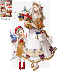 Rule 34 | 2girls, absurdres, apron, blue flower, boots, bouquet, bow, brown apron, brown eyes, brown footwear, bug, butterfly, dress, eating, flower, food, glasses, grey hair, hat, height difference, highres, holding, holding bouquet, holding flower, insect, looking at viewer, multiple girls, original, parfait, personification, plant, red flower, red footwear, red headwear, red rose, red tulip, rinotuna, rose, shadow, shoes, siblings, sisters, smile, standing, striped, striped bow, tulip, watering can, white apron, white butterfly, white dress, white flower, white headwear, white rose