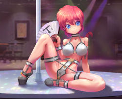 Rule 34 | 1girl, ankle cuffs, baiyebumian, blue eyes, chain, chastity belt, chastity bra, collar, pole, public indecency, ranma-chan, ranma 1/2, red hair, sitting, smile, stripper pole, thigh bands