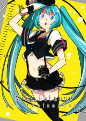 Rule 34 | 1girl, 39, aqua eyes, aqua hair, bad id, bad pixiv id, character name, gloves, hat, hatsune miku, long hair, midriff, navel, necktie, open mouth, solo, suspenders, thighhighs, tomann, twintails, very long hair, vocaloid