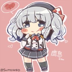 Rule 34 | 10s, 1girl, beret, black socks, blue eyes, blush stickers, breasts, buttons, character name, epaulettes, frilled sleeves, frills, gloves, hat, heart, jacket, kantai collection, kashima (kancolle), kerchief, large breasts, looking at viewer, military, military uniform, miniskirt, pink background, pleated skirt, same anko, sidelocks, silver hair, simple background, skirt, smile, socks, solo, spoken heart, twintails, twitter username, uniform, wavy hair, white gloves