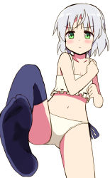 Rule 34 | 1girl, blush, feet, foot focus, glastonbury1966, green eyes, midriff, navel, no shoes, panties, sanya v. litvyak, short hair, side-tie panties, silver hair, socks, soles, solo, strike witches, thighhighs, underwear, white background, world witches series