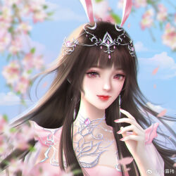 Rule 34 | 1girl, animal ears, artist request, blue sky, branch, brown hair, cherry blossoms, closed mouth, cloud, douluo dalu, dress, earrings, falling petals, hair ornament, jewelry, long hair, petals, pink dress, pink eyes, rabbit ears, second-party source, sky, smile, solo, upper body, xiao wu (douluo dalu)