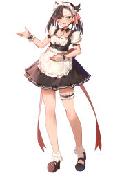 Rule 34 | 1girl, alternate costume, apron, asymmetrical bangs, black hair, bow, creatures (company), detached collar, enmaided, full body, game freak, green eyes, highres, jewelry, looking at viewer, maid, maid apron, maid day, maid headdress, marnie (pokemon), momdy (talesshinja), nintendo, open hand, open mouth, pendant, plaid, plaid bow, pokemon, pokemon swsh, puffy short sleeves, puffy sleeves, shoes, short sleeves, simple background, solo, standing, thigh strap, twintails, undercut, white background