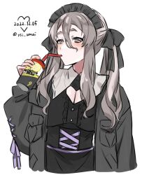 Rule 34 | 1girl, alternate costume, alternate hairstyle, bad id, bad twitter id, black dress, breasts, cup, dated, disposable cup, dress, drinking, drinking straw, grey jacket, headdress, highres, jacket, kantai collection, large breasts, long hair, long sleeves, pola (kancolle), simple background, solo, toriniku senshi chikinman, twintails, twitter username, upper body, white background