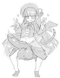 Rule 34 | 1girl, animal ears, blush, capelet, cat ears, cat tail, clothes lift, dress, dress lift, erection, eyepatch, flat chest, frills, futanari, gothic lolita, greyscale, grin, heart, huge penis, lace, lineart, lolita fashion, long sleeves, looking at viewer, mary janes, mini wings, mirai (senran kagura), monochrome, no panties, penis, presenting, senran kagura, shoes, simple background, sinensian, sketch, smile, solo, tail, tail raised, testicles, thighhighs, v, white background, wings