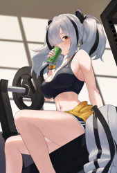 Rule 34 | 1girl, absurdres, angdo (kakajo26), animal ears, arknights, bag, bench press, black hair, black sports bra, breasts, can, clothes around waist, drinking, feater (arknights), feater (dojo star) (arknights), grey hair, gym, hair over one eye, highres, holding, holding can, large breasts, medium hair, midriff, monster energy, navel, official alternate costume, orange eyes, panda ears, short shorts, shorts, sitting, sports bra, stomach, sweater, sweater around waist, thighs, twintails