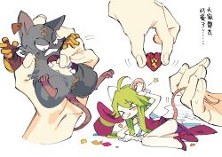 Rule 34 | 1girl, 2boys, animal ears, blush stickers, breasts, ear tag, gloves, green hair, hat, heart (mad rat dead), hole on body, leotard, mad rat, mad rat dead, mouse (animal), mouse ears, mouse girl, mouse tail, multiple boys, nippon ichi, rat god, red eyes, ribs, stitches, tail, top hat, wings, wrist cuffs