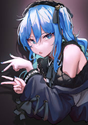 Rule 34 | 1girl, absurdres, black collar, black ribbon, blue eyes, blue hair, blue jacket, blue nails, collar, double w, eyelashes, grey background, grey ribbon, hair between eyes, hands up, hat, hat ribbon, highres, hololive, hoshimachi suisei, hoshimachi suisei (streetwear), jacket, jewelry, lace-trimmed sleeves, lace trim, long hair, long sleeves, looking at viewer, lynus, nail polish, neck ribbon, off shoulder, official alternate costume, ribbon, ring, shadow, short sleeves, side ponytail, sidelocks, solo, star (symbol), star in eye, symbol in eye, tongue, tongue out, upper body, virtual youtuber, w
