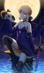 Rule 34 | artoria pendragon (all), artoria pendragon (fate), black bow, bow, breasts, cleavage, elbow gloves, fate (series), gloves, hair bow, halterneck, head tilt, high heels, highres, ji dao ji, jitome, moon, pale skin, partially submerged, pillar, saber alter, sitting, skull, sky, solo, star (sky), starry sky, sword, thighhighs, weapon, zettai ryouiki