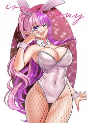 Rule 34 | 1girl, absurdres, animal ears, bow, bowtie, breasts, cleavage, covered navel, detached collar, highres, ironmouse, katou shinobu, large breasts, leotard, multicolored hair, nail polish, one eye closed, open mouth, pantyhose, pink hair, playboy bunny, pointy ears, ponytail, purple eyes, purple hair, rabbit ears, red nails, smile, solo, strapless, strapless leotard, streaked hair, teeth, thigh gap, upper teeth only, virtual youtuber, vshojo, white bow, white bowtie, white leotard, wrist cuffs