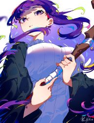 Rule 34 | 1girl, absurdres, black coat, breasts, closed mouth, coat, dress, fern (sousou no frieren), from below, highres, holding, holding staff, large breasts, mage staff, purple eyes, purple hair, raven mido, signature, solo, sousou no frieren, staff, straight hair, upper body, white dress