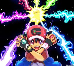 Rule 34 | 1boy, ash ketchum, baseball cap, black background, blue vest, creatures (company), dynamax band, electricity, game freak, gen 1 pokemon, h renah, hands up, hat, highres, holding, holding poke ball, looking at viewer, mega ring, mega stone, multicolored eyes, nintendo, open mouth, pikachu, poke ball, pokemon, pokemon (anime), pokemon (creature), pokemon journeys, red headwear, shirt, short hair, short sleeves, spiked hair, teeth, twitter username, upper body, upper teeth only, vest, white shirt, x arms, z-ring