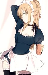 Rule 34 | 10s, 1girl, alternate costume, apron, arm behind head, ayase eli, black ribbon, black thighhighs, blonde hair, blue dress, breasts, bridal garter, choker, cleavage, coffee cup, collarbone, contrapposto, cowboy shot, cup, disposable cup, dress, drinking glass, enmaided, fingernails, frilled thighhighs, frills, green eyes, head tilt, hip focus, holding, holding cup, juliet sleeves, legs apart, long hair, long sleeves, looking at viewer, love live!, love live! school idol project, lpip, maid, maid apron, original, ponytail, puffy long sleeves, puffy sleeves, ribbon, scrunchie, sidelocks, solo, standing, thighhighs, thighs, waist apron, zettai ryouiki