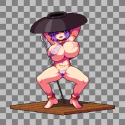 Rule 34 | 1girl, blush, bowl, bowl hat, breasts, checkered background, full body, gold, hat, huge breasts, looking at viewer, mirukuro092, needle, nipple slip, nipples, one eye closed, open mouth, pixel art, red eyes, smile, solo, spread legs, squatting, sukuna shinmyoumaru, touhou, wavy hair