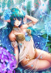 Rule 34 | 1girl, aqua hair, artist name, bad id, bad pixiv id, bibico, blue eyes, breasts, cleavage, detached collar, female focus, large breasts, looking at viewer, navel, original, parted lips, pointy ears, signature, sitting, solo