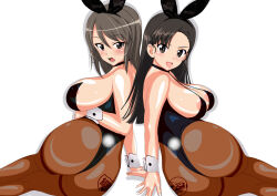 Rule 34 | 2girls, absurdres, arm support, ass, asymmetrical bangs, back-to-back, blush, breasts, brown eyes, brown hair, chi-hatan (emblem), emblem, from behind, girls und panzer, highres, keizoku (emblem), large breasts, leotard, long hair, looking at viewer, mevius9, mika (girls und panzer), multiple girls, nishi kinuyo, open mouth, pantyhose, playboy bunny, rabbit ears, tongue, tongue out, wrist cuffs