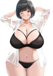 Rule 34 | 1girl, absurdres, arms up, black bra, black hair, black panties, blunt bangs, bob cut, bra, breasts, brown eyes, cleavage, closed mouth, collarbone, collared shirt, cowboy shot, curvy, dress shirt, hair ornament, hairclip, highres, huge breasts, looking at viewer, neneneji, one eye closed, open clothes, open shirt, original, panties, plump, shirt, short hair, simple background, solo, standing, stomach, thigh gap, thighs, underwear, white background, white shirt, wide hips