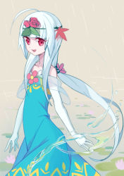 Rule 34 | 1girl, absurdres, ahoge, bare shoulders, blue dress, commentary request, cowboy shot, dress, elbow gloves, flat chest, flower, gloves, hair flower, hair ornament, highres, kaede (shijie heping), lily pad, long hair, looking at viewer, low ponytail, open mouth, original, rain, red eyes, sidelocks, sleeveless, sleeveless dress, smile, solo, very long hair, water, white gloves, white hair