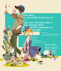 Rule 34 | 1boy, 1girl, alternate costume, apple, art brush, baseball cap, black hair, blonde hair, blowing, blue apple, blue bow, blue dress, blue flower, blue headwear, blue rose, bow, brown hoodie, blowing bubbles, cattail, chewing gum, cracked egg, doseisan, dress, earrings, egg (food), english text, flower, food, fruit, green eyes, grey eyes, hair bow, hand in pocket, hat, highres, holding, holding paintbrush, hood, hoodie, jewelry, kneeling, large bow, leaf, long hair, mari-mason, mother (game), mother 2, ness (mother 2), nintendo, paint, paint can, paint roller, paintbrush, painting (action), paula (mother 2), photo (object), plant, rose, short hair, trim brush