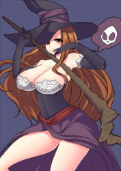 Rule 34 | 1girl, bare shoulders, breasts, brown eyes, brown hair, detached sleeves, dragon&#039;s crown, dress, female focus, hat, hat over one eye, huge breasts, long hair, masayu, simple background, solo, sorceress (dragon&#039;s crown), staff, strapless, strapless dress, vanillaware, witch hat