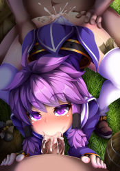 Rule 34 | 1girl, 2boys, aisha landar, blush, body writing, clothed female nude male, clothed sex, clothing aside, cum, cum in mouth, cum in pussy, dark-skinned male, dark skin, elsword, fellatio, grass, group sex, hetero, highres, looking up, magician (elsword), mmf threesome, money, tucked money, multiple boys, nude, oral, orgy, panties, panties aside, penis, pov, prostitution, purple eyes, purple hair, sex, sex from behind, solo focus, spitroast, steelycross, tally, thighhighs, threesome, uncensored, underwear, white thighhighs