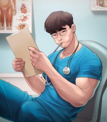 Rule 34 | 1boy, bara, black hair, blue pants, blue shirt, bulge, chair, doctor, dr.shin nerdyart, erection, erection under clothes, glasses, large pectorals, looking at viewer, male focus, mouth hold, muscular, muscular male, nerdyart1, on chair, original, pants, pectorals, pen, shirt, short hair, sitting, solo, stethoscope, thick eyebrows, veins, veiny arms, veiny hands