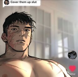 Rule 34 | 1boy, bara, cover them up slut (meme), cross scar, eyebrow cut, highres, indoors, looking at viewer, male focus, meme, muscular, muscular male, original, pectorals, quietgom, scar, scar on chest, scar on face, scar on mouth, short hair, sideburns, solo, sunlight, upper body, wide-eyed