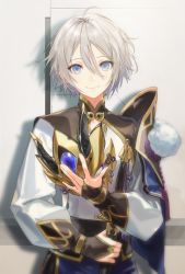 Rule 34 | 1boy, 1girl, ahoge, bishounen, blue eyes, bridal gauntlets, closed mouth, commentary request, drop shadow, fate/grand order, fate (series), grey hair, hair between eyes, holding, holding mask, horned mask, kodama (wa-ka-me), long sleeves, looking at viewer, male focus, mask, prince of lan ling (fate), smile, solo, standing, upper body