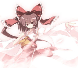 Rule 34 | 1girl, between fingers, bow, brown hair, detached sleeves, female focus, gradient background, hair ribbon, hakurei reimu, holding, japanese clothes, long hair, miko, red eyes, ribbon, skirt, solo, tooya, touhou, touya (the-moon), white background