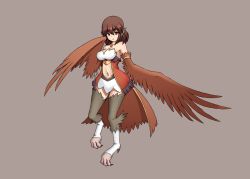 Rule 34 | 1girl, armlet, breasts, brown hair, digitigrade, feathered wings, fei (ercan dinler17), full body, harpy, highres, jewelry, large breasts, looking at viewer, monster girl, navel, necklace, original, red eyes, signature, simple background, solo, talons, wing ears, winged arms, wings