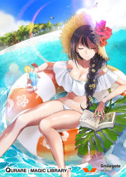 Rule 34 | 1girl, beach, bikini, black hair, blush, book, breasts, character request, cleavage, closed eyes, cup, female focus, hat, ice (ice aptx), innertube, leaf, orange eyes, palm tree, qurare magic library, smile, solo, swim ring, swimsuit, tree, water