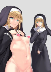 Rule 34 | 1girl, black dress, blue eyes, breasts, censored, censored nipples, disgust, dress, glaring, habit, heart, heart censor, lifting own clothes, long dress, long sleeves, looking at viewer, medium hair, multiple views, navel, nun, original, out-of-frame censoring, schreibe shura, scowl, small breasts, smile