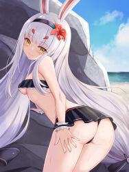 Rule 34 | 1girl, animal ears, ass, azur lane, beach, bikini, bikini skirt, black bikini, black bow, black hairband, blush, bow, breasts, commentary request, day, flower, from behind, from side, habu rin, hair bow, hair flower, hair ornament, hairband, hand on own ass, highres, long hair, looking at viewer, looking back, medium breasts, midriff, miniskirt, no tail, ocean, outdoors, pleated skirt, rabbit ears, rabbit girl, rabbit hair ornament, red flower, shimakaze (azur lane), shimakaze (the island wind rests) (azur lane), skirt, small breasts, smile, solo, swimsuit, thighs, underboob, very long hair, wet, wet bikini, wet clothes, white hair, wristband, yellow eyes