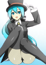 Rule 34 | 1girl, aqua eyes, aqua hair, ass, fishnet pantyhose, fishnets, gloves, hat, hatsune miku, host, legs, long hair, magician, miracle paint (vocaloid), pantyhose, project diva, project diva (series), ribbon, sitting, smile, solo, thighhighs, top hat, tuxedo, vocaloid, wakame