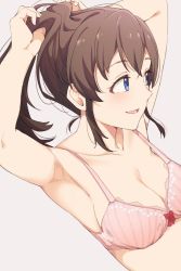 Rule 34 | 1girl, :d, armpits, arms up, bare shoulders, blue eyes, blush, bow, bow bra, bra, breasts, brown hair, cleavage, collarbone, from side, grey background, highres, hiroki (yyqw7151), idolmaster, idolmaster million live!, long hair, medium breasts, midriff, open mouth, pink bra, red bow, satake minako, simple background, smile, solo, tying hair, underwear, upper body