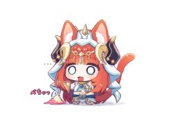 Rule 34 | ..., 1girl, animal ears, bright pupils, cat ears, cat girl, cat tail, chibi, chibi only, circlet, dancer, detached sleeves, ears through headwear, fake horns, food, full body, genshin impact, gladiator sandals, gun, harem outfit, holding, holding gun, holding weapon, horns, ice cream, ice cream cone, jewelry, kemonomimi mode, long hair, marutaruuu, nilou (genshin impact), open mouth, red hair, sandals, solo, standing, tail, veil, weapon, white pupils, white veil