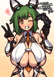 Rule 34 | 1girl, absurdres, animal ears, bare shoulders, between breasts, black gloves, blush, breasts, brown eyes, character request, collar, commentary request, commission, controller, copyright request, fake animal ears, game controller, gloves, gradient background, green hair, half gloves, heart, highres, holding, holding controller, holding game controller, large breasts, looking at viewer, medium hair, navel, necktie, necktie between breasts, nikuatsu magician shinbo, orange necktie, parted lips, short eyebrows, simple background, skeb commission, skindentation, smile, solo, stomach, teeth, translation request, upper body, v, white collar, yellow background