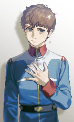 Rule 34 | 1boy, amuro ray, belt, blue eyes, brown hair, earth federation, earth federation space forces, gundam, looking at viewer, male focus, military, mobile suit gundam, uniform, ususio 11