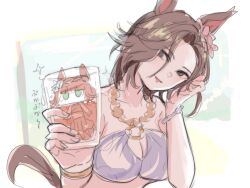 Rule 34 | 2girls, air groove (seaside bloom) (umamusume), air groove (umamusume), animal ears, bracelet, breasts, brown hair, chibi, chibi inset, cleavage, commentary request, cup, derivative work, flower, grey eyes, hair flower, hair ornament, highres, holding, holding cup, horse ears, horse girl, horse tail, jewelry, kawamochi (tddm3573), large breasts, looking at viewer, multiple girls, screenshot redraw, short hair, silence suzuka (emerald on the waves) (umamusume), silence suzuka (umamusume), sketch, tail, umamusume