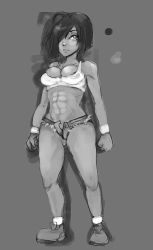 Rule 34 | 1girl, abs, bad id, bad tumblr id, breasts, cleavage, cutoffs, full body, greyscale, hair over one eye, long hair, midriff, monochrome, navel, open fly, radio toy, short shorts, shorts, solo, sports bra, standing, toned, unzipped, wristband