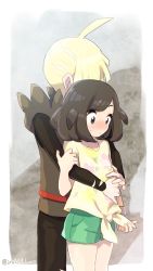 Rule 34 | 1boy, 1girl, bad id, bad twitter id, black eyes, black hair, black pants, blonde hair, blush, closed mouth, creatures (company), floral print, game freak, gladion (pokemon), green shorts, hand on another&#039;s arm, hand on another&#039;s stomach, hetero, hood, hoodie, hug, hug from behind, koutetsu (fe steel stone), long sleeves, nintendo, pants, pokemon, pokemon sm, selene (pokemon), shirt, short hair, short sleeves, shorts, standing, sweatdrop, tied shirt, z-ring