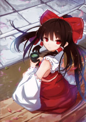 Rule 34 | 1girl, barefoot, bow, cup, detached sleeves, frilled bow, frills, from above, hair between eyes, hair bow, hair tubes, hakurei reimu, looking at viewer, looking back, looking up, magicxiang, parted lips, pavement, petals, porch, red bow, red eyes, red shirt, red skirt, ribbon-trimmed collar, ribbon-trimmed sleeves, ribbon trim, shirt, skirt, solo, touhou, wide sleeves, wooden floor, yunomi