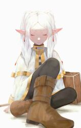 Rule 34 | 1girl, boots, briefcase, brown footwear, capelet, closed eyes, earrings, elf, frieren, jewelry, knee up, long hair, niri (eunhaha02), on ground, pointy ears, sitting, solo, sousou no frieren, white background, white capelet, white hair