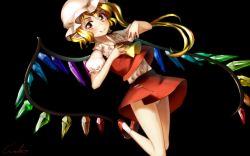 Rule 34 | 1girl, ascot, black background, blonde hair, buttons, closed mouth, collared shirt, crystal, fang, flandre scarlet, frilled shirt collar, frilled sleeves, frills, hands up, hat, legs together, looking at viewer, mary janes, midair, mob cap, panties, pantyshot, pointy ears, puffy short sleeves, puffy sleeves, red footwear, red skirt, red vest, ribbon, shirt, shoes, short hair, short sleeves, simple background, skirt, skirt set, smile, socks, solo, standing, touhou, underwear, vest, weapon, welt (kinsei koutenkyoku), white hat, white panties, white shirt, white socks, wings, yellow eyes