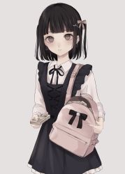 Rule 34 | 1girl, backpack, bad id, bad twitter id, bag, black dress, black hair, black ribbon, bow, brown bow, brown eyes, collared shirt, commentary request, dress, dress shirt, earrings, frilled dress, frills, grey background, hair bow, hair ornament, heart, heart earrings, highres, holding, holding bag, holding money, jewelry, long sleeves, looking at viewer, money, neck ribbon, original, parted lips, ribbon, shirt, simple background, sleeveless, sleeveless dress, smile, solo, tsuruse, two side up, white shirt