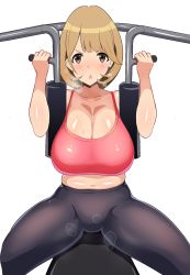 Rule 34 | 10s, 1girl, :&lt;, bad id, bad pixiv id, belly, breasts, breath, brown eyes, brown hair, chestnut mouth, cleavage, exercising, heavy breathing, highres, huge breasts, looking at viewer, matching hair/eyes, mhs, muffin top, narusawa ryouka, navel, occultic;nine, plump, serious, short hair, simple background, sitting, solo, thighs, white background
