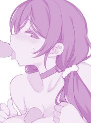 Rule 34 | 1girl, breasts, completely nude, hair ornament, hair scrunchie, hetero, long hair, love live!, love live! school idol project, multiple penises, nude, paizuri, penis, purple theme, scrunchie, simple background, tongue, tongue out, tojo nozomi