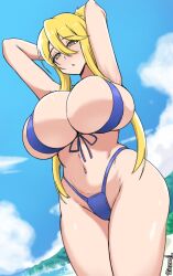 Rule 34 | 1girl, armpits, arms up, beach, bikini, blonde hair, blue bikini, blue sky, breasts, cameltoe, chestnut mouth, cleft of venus, cloud, curvy, day, female focus, from below, highres, highschool of the dead, huge breasts, looking at viewer, marikawa shizuka, matching hair/eyes, mature female, navel, outdoors, sand, shiny skin, skindentation, sky, solo, swimsuit, thick thighs, thighs, wide hips, wozzu, yellow eyes