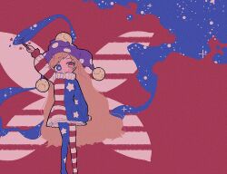 Rule 34 | 1girl, american flag dress, american flag legwear, arm up, blonde hair, blue eyes, blush, closed mouth, clownpiece, commentary request, dress, fairy, fairy wings, hat, heterochromia, highres, holding, holding torch, jester cap, long hair, long sleeves, nama udon, pantyhose, polka dot, polka dot headwear, purple hat, red background, red eyes, solo, star (symbol), star print, striped clothes, striped dress, striped pantyhose, torch, touhou, wings